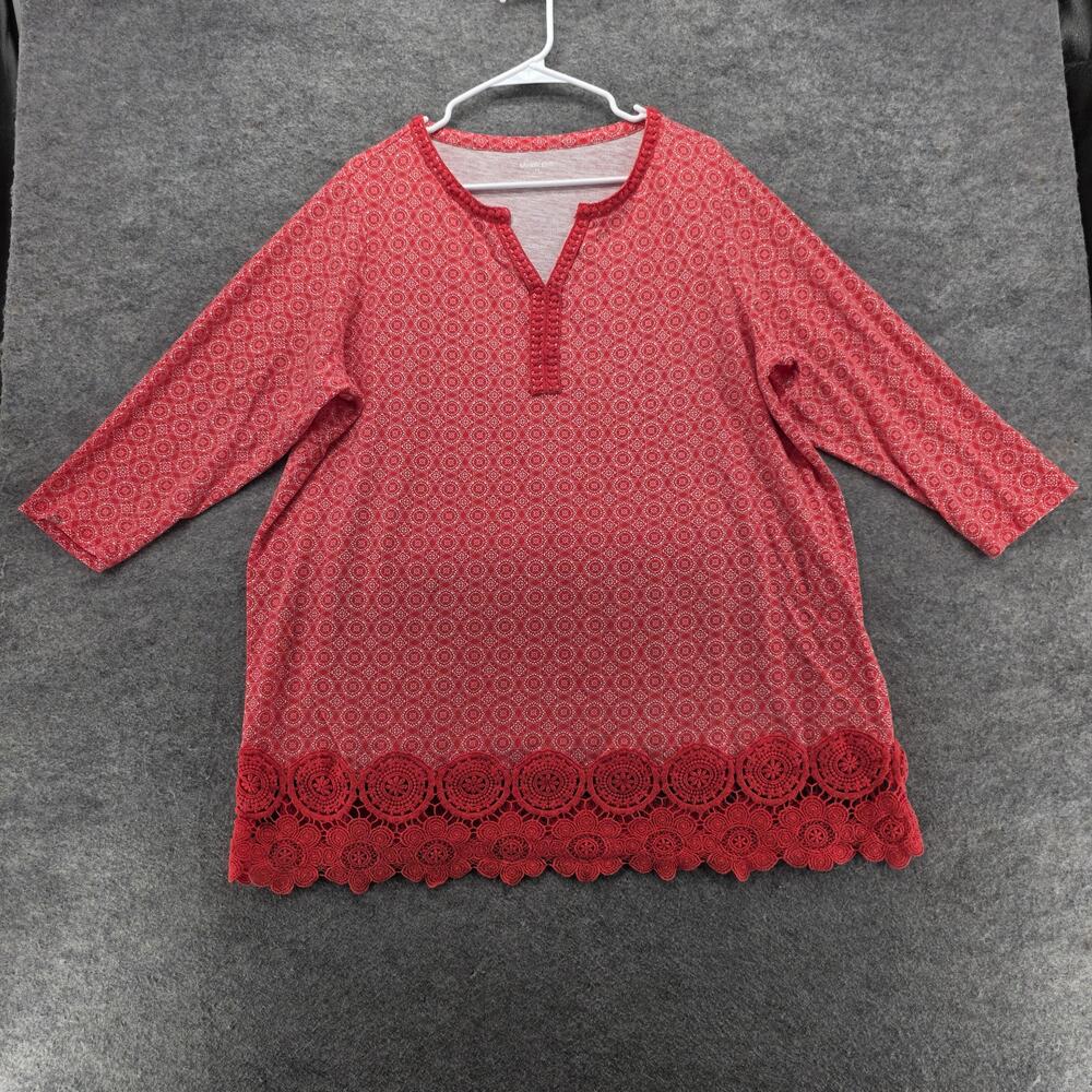 Lands' End Shirt Womens 2X Red Print Tunic Split Neck 3/4 Sleeve Crochet Hem